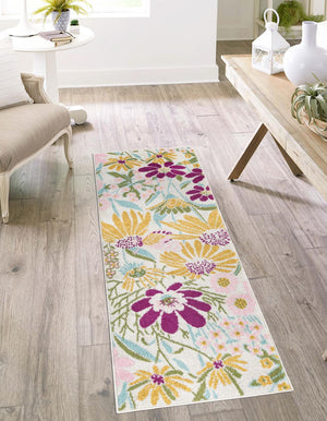 White 2' 7 x 12' Bloom Runner Area Rug 100% Polypropylene With Cotton Backing Easy Clean Colorful Blooming Flower Floral Carpet for Living Dining Room Office Dorms for Sale at Rug Engine