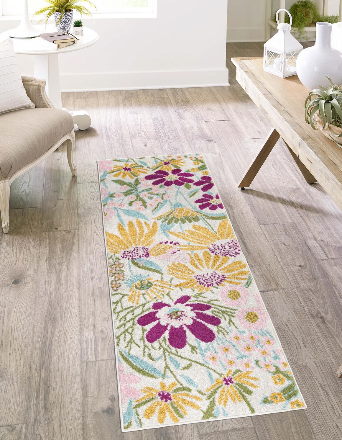 White 2' 7 x 10' Bloom Runner Area Rug 100% Polypropylene With Cotton Backing Easy Clean Colorful Blooming Flower Floral Carpet for Living Dining Room Office Dorms for Sale at Rug Engine