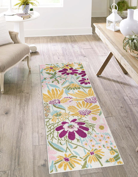White 2' x 8' Bloom Runner Area Rug 100% Polypropylene With Cotton Backing Easy Clean Colorful Blooming Flower Floral Carpet for Living Dining Room Office Dorms for Sale at Rug Engine