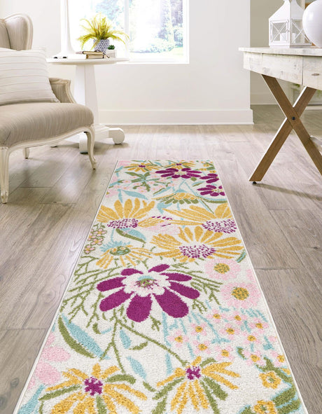 White 2' 7 x 12' Bloom Runner Area Rug 100% Polypropylene With Cotton Backing Easy Clean Colorful Blooming Flower Floral Carpet for Living Dining Room Office Dorms for Sale at Rug Engine