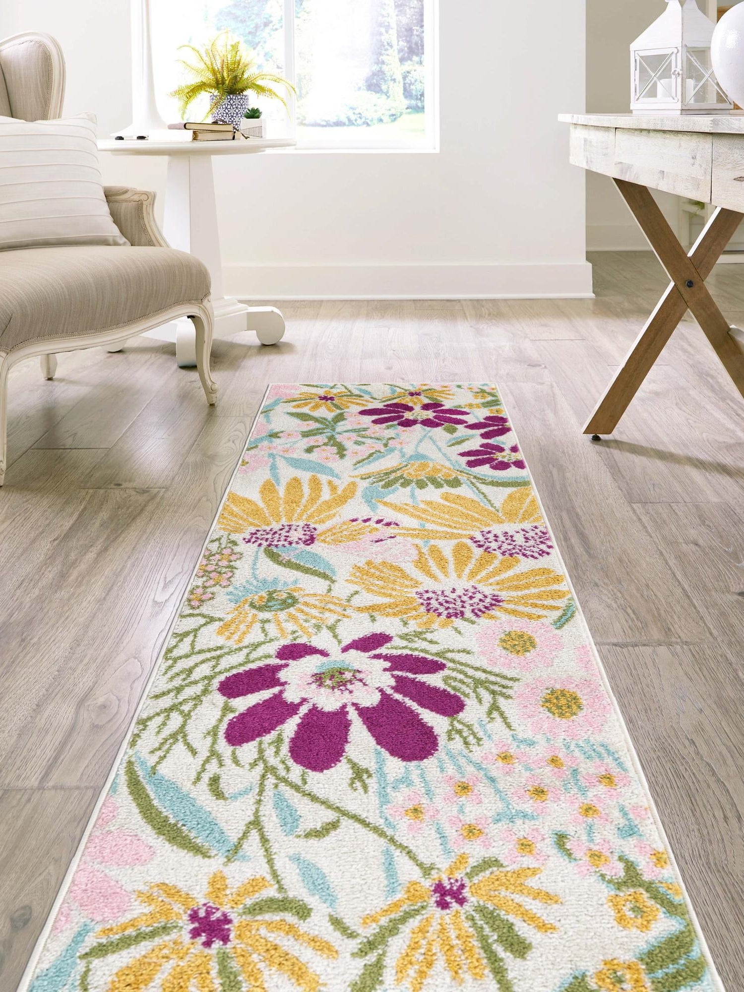 White 2' x 6' 1 Bloom Runner Area Rug 100% Polypropylene With Cotton Backing Easy Clean Colorful Blooming Flower Floral Carpet for Living Dining Room Office Dorms for Sale at Rug Engine