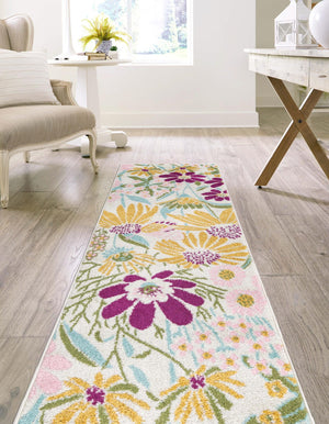 White 2' x 6' 1 Bloom Runner Area Rug 100% Polypropylene With Cotton Backing Easy Clean Colorful Blooming Flower Floral Carpet for Living Dining Room Office Dorms for Sale at Rug Engine