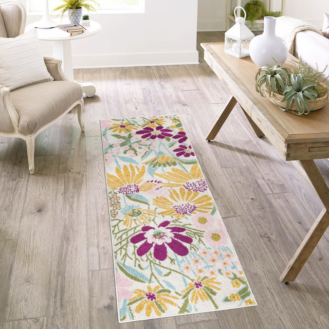White 2' 7 x 12' Bloom Runner Area Rug 100% Polypropylene With Cotton Backing Easy Clean Colorful Blooming Flower Floral Carpet for Living Dining Room Office Dorms for Sale at Rug Engine