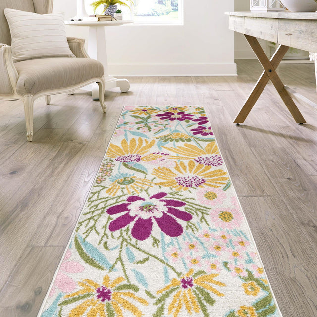 White 2' 7 x 12' Bloom Runner Area Rug 100% Polypropylene With Cotton Backing Easy Clean Colorful Blooming Flower Floral Carpet for Living Dining Room Office Dorms for Sale at Rug Engine