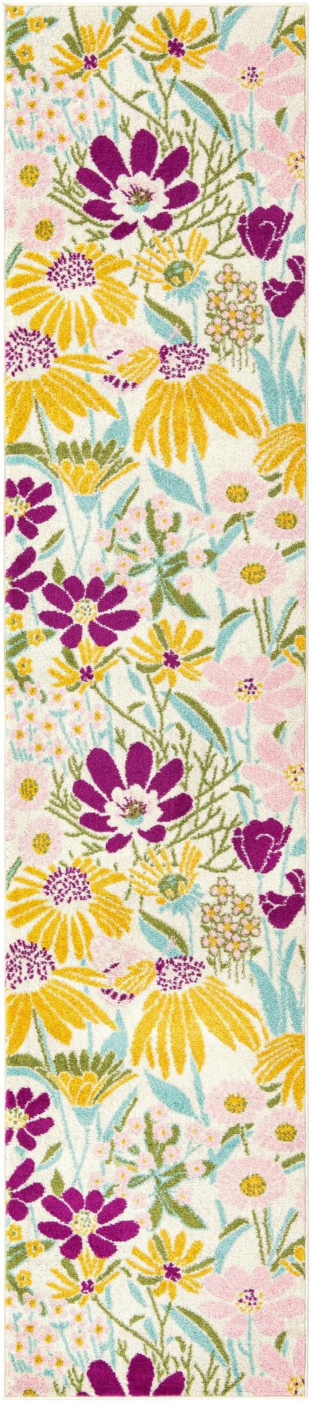 White 2' 7 x 12' Bloom Runner Area Rug 100% Polypropylene With Cotton Backing Easy Clean Colorful Blooming Flower Floral Carpet for Living Dining Room Office Dorms for Sale at Rug Engine