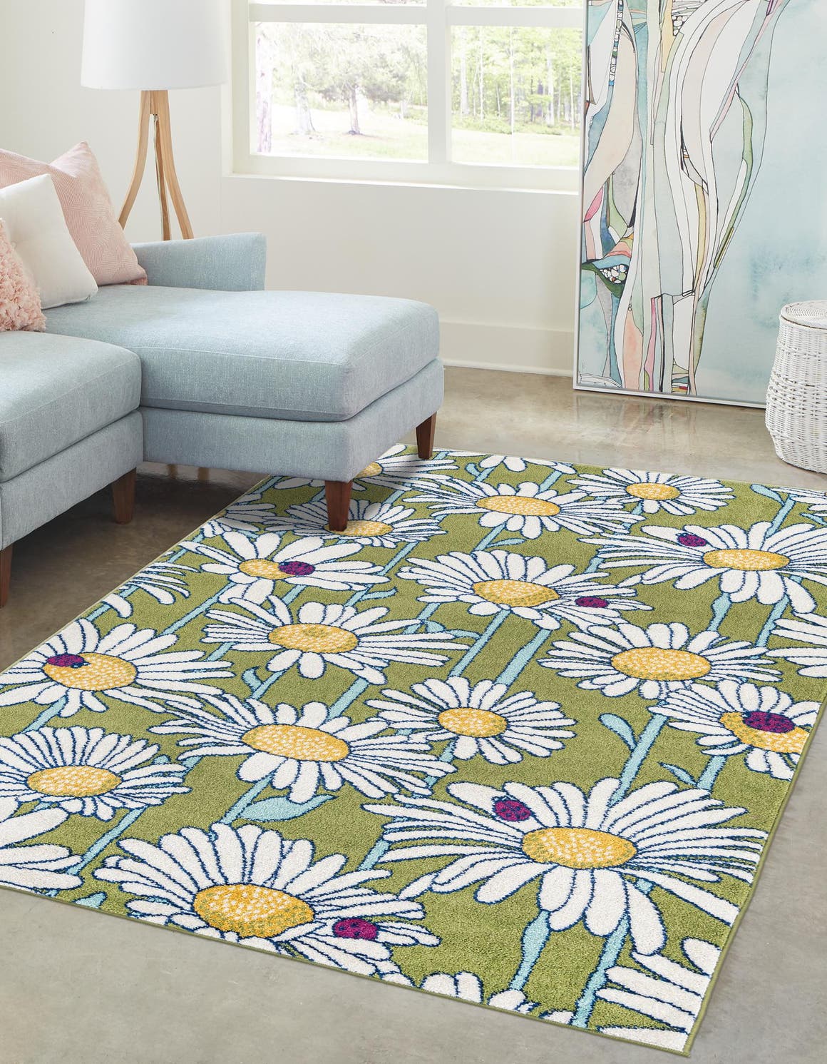 Green 10' x 14' Bloom Rectangle Area Rug 100% Polypropylene With Cotton Backing Easy Clean Colorful Blooming Flower Floral Carpet for Living Dining Room Office Dorms for Sale at Rug Engine
