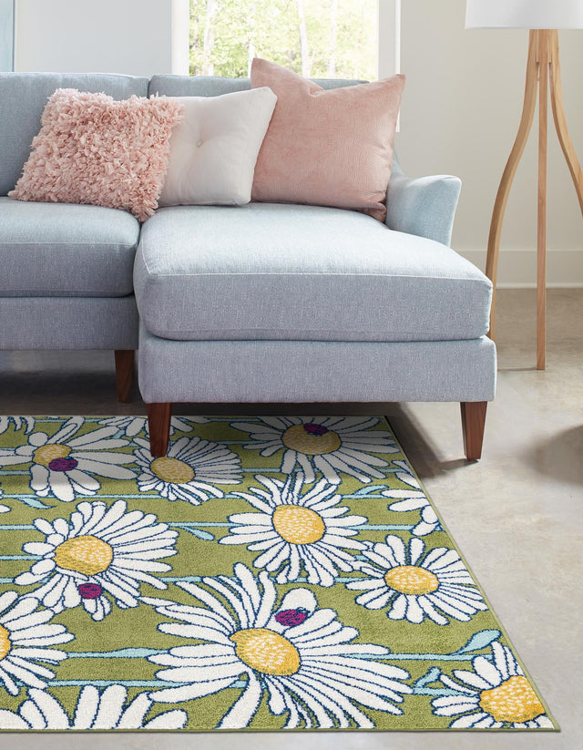 Green 5' 3 x 8' Bloom Rectangle Area Rug 100% Polypropylene With Cotton Backing Easy Clean Colorful Blooming Flower Floral Carpet for Living Dining Room Office Dorms for Sale at Rug Engine