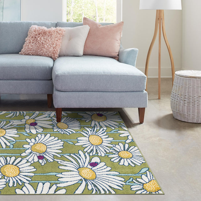 Green 9' x 12' Bloom Rectangle Area Rug 100% Polypropylene With Cotton Backing Easy Clean Colorful Blooming Flower Floral Carpet for Living Dining Room Office Dorms for Sale at Rug Engine