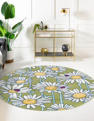 Green 6' x 6' Bloom Round Area Rug 100% Polypropylene With Cotton Backing Easy Clean Colorful Blooming Flower Floral Carpet for Living Dining Room Office Dorms for Sale at Rug Engine