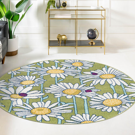 Green 3' 3 x 3' 3 Bloom Round Area Rug 100% Polypropylene With Cotton Backing Easy Clean Colorful Blooming Flower Floral Carpet for Living Dining Room Office Dorms for Sale at Rug Engine