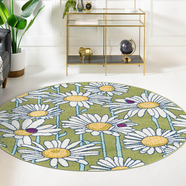 Green 3' 3 x 3' 3 Bloom Round Area Rug 100% Polypropylene With Cotton Backing Easy Clean Colorful Blooming Flower Floral Carpet for Living Dining Room Office Dorms for Sale at Rug Engine