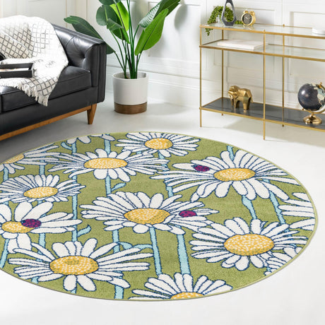 Green 3' 3 x 3' 3 Bloom Round Area Rug 100% Polypropylene With Cotton Backing Easy Clean Colorful Blooming Flower Floral Carpet for Living Dining Room Office Dorms for Sale at Rug Engine