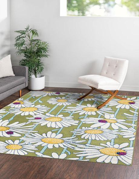 Green 7' 10 x 7' 10 Bloom Square Area Rug 100% Polypropylene With Cotton Backing Easy Clean Colorful Blooming Flower Floral Carpet for Living Dining Room Office Dorms for Sale at Rug Engine