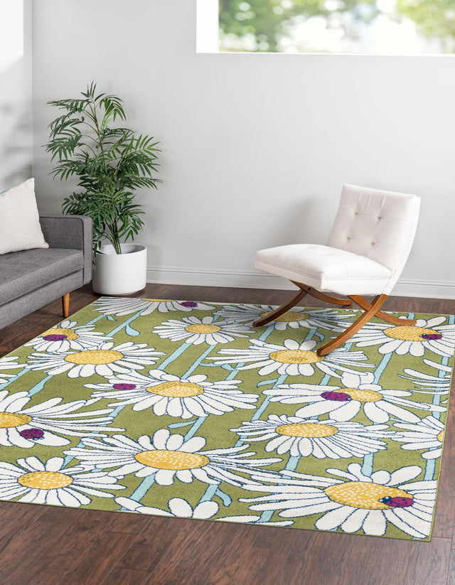 Green 7' 10 x 7' 10 Bloom Square Area Rug 100% Polypropylene With Cotton Backing Easy Clean Colorful Blooming Flower Floral Carpet for Living Dining Room Office Dorms for Sale at Rug Engine