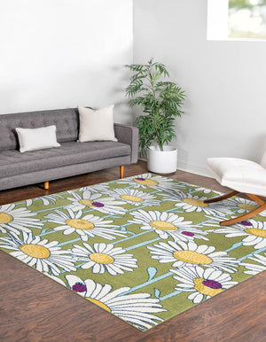 Green 7' 10 x 7' 10 Bloom Square Area Rug 100% Polypropylene With Cotton Backing Easy Clean Colorful Blooming Flower Floral Carpet for Living Dining Room Office Dorms for Sale at Rug Engine