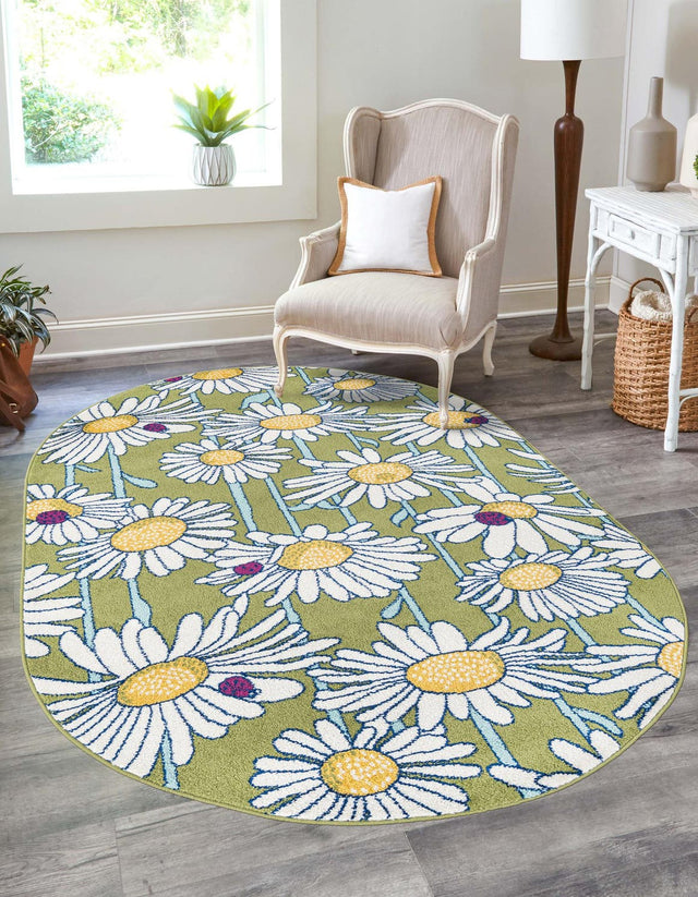 Green 7' 10 x 10' Bloom Oval Area Rug 100% Polypropylene With Cotton Backing Easy Clean Colorful Blooming Flower Floral Carpet for Living Dining Room Office Dorms for Sale at Rug Engine