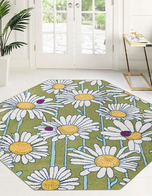 Green 7' x 7' Bloom Octagon Area Rug 100% Polypropylene With Cotton Backing Easy Clean Colorful Blooming Flower Floral Carpet for Living Dining Room Office Dorms for Sale at Rug Engine