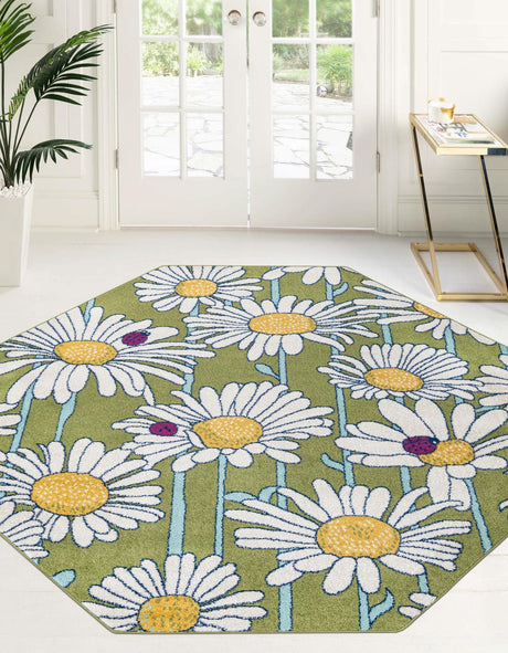 Green 7' x 7' Bloom Octagon Area Rug 100% Polypropylene With Cotton Backing Easy Clean Colorful Blooming Flower Floral Carpet for Living Dining Room Office Dorms for Sale at Rug Engine