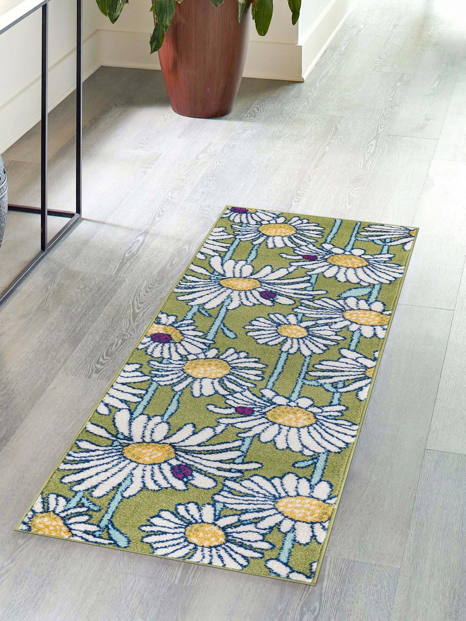 Green 2' 7 x 12' Bloom Runner Area Rug 100% Polypropylene With Cotton Backing Easy Clean Colorful Blooming Flower Floral Carpet for Living Dining Room Office Dorms for Sale at Rug Engine