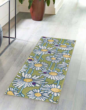 Green 2' 7 x 12' Bloom Runner Area Rug 100% Polypropylene With Cotton Backing Easy Clean Colorful Blooming Flower Floral Carpet for Living Dining Room Office Dorms for Sale at Rug Engine