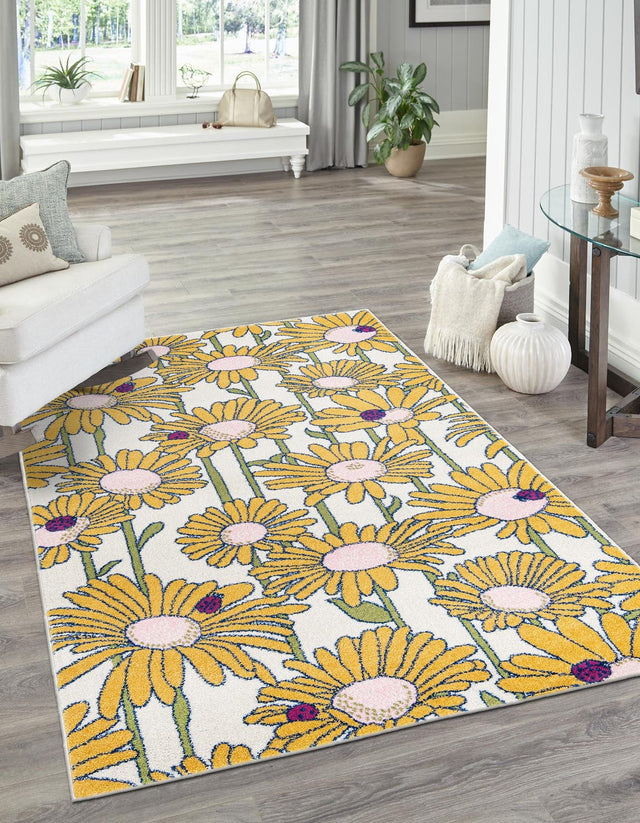White 10' x 14' Bloom Rectangle Area Rug 100% Polypropylene With Cotton Backing Easy Clean Colorful Blooming Flower Floral Carpet for Living Dining Room Office Dorms for Sale at Rug Engine