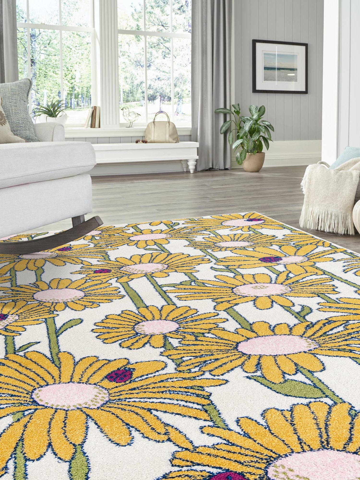 White 9' x 12' Bloom Rectangle Area Rug 100% Polypropylene With Cotton Backing Easy Clean Colorful Blooming Flower Floral Carpet for Living Dining Room Office Dorms for Sale at Rug Engine