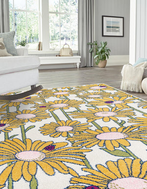 White 9' x 12' Bloom Rectangle Area Rug 100% Polypropylene With Cotton Backing Easy Clean Colorful Blooming Flower Floral Carpet for Living Dining Room Office Dorms for Sale at Rug Engine