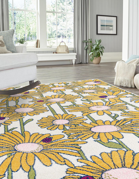 White 6' 1 x 9' Bloom Rectangle Area Rug 100% Polypropylene With Cotton Backing Easy Clean Colorful Blooming Flower Floral Carpet for Living Dining Room Office Dorms for Sale at Rug Engine