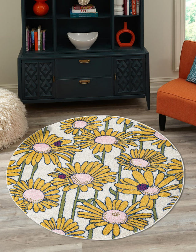 White 7' x 7' Bloom Round Area Rug 100% Polypropylene With Cotton Backing Easy Clean Colorful Blooming Flower Floral Carpet for Living Dining Room Office Dorms for Sale at Rug Engine