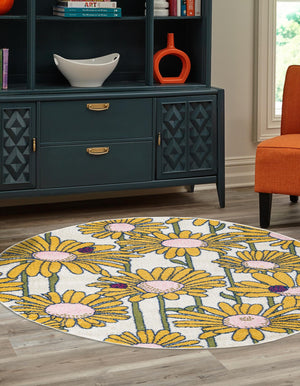 White 6' x 6' Bloom Round Area Rug 100% Polypropylene With Cotton Backing Easy Clean Colorful Blooming Flower Floral Carpet for Living Dining Room Office Dorms for Sale at Rug Engine
