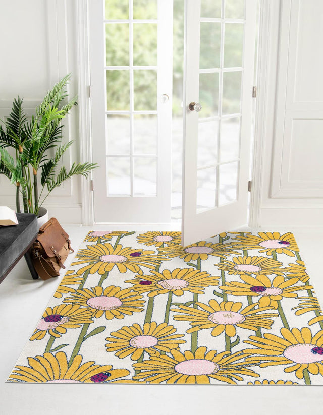 White 7' 10 x 7' 10 Bloom Square Area Rug 100% Polypropylene With Cotton Backing Easy Clean Colorful Blooming Flower Floral Carpet for Living Dining Room Office Dorms for Sale at Rug Engine