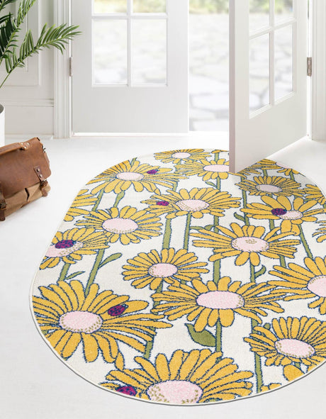 White 5' 3 x 7' 10 Bloom Oval Area Rug 100% Polypropylene With Cotton Backing Easy Clean Colorful Blooming Flower Floral Carpet for Living Dining Room Office Dorms for Sale at Rug Engine