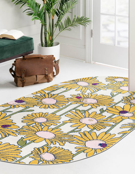 White 7' 10 x 10' Bloom Oval Area Rug 100% Polypropylene With Cotton Backing Easy Clean Colorful Blooming Flower Floral Carpet for Living Dining Room Office Dorms for Sale at Rug Engine