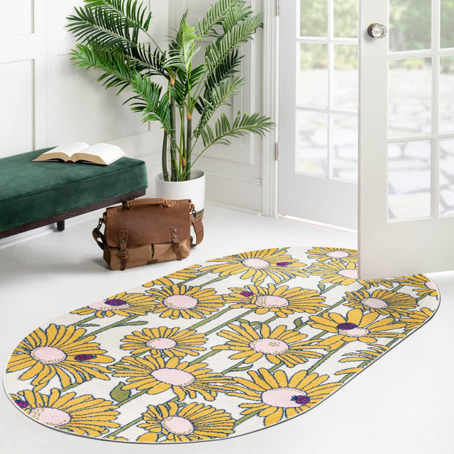 White 7' 10 x 10' Bloom Oval Area Rug 100% Polypropylene With Cotton Backing Easy Clean Colorful Blooming Flower Floral Carpet for Living Dining Room Office Dorms for Sale at Rug Engine