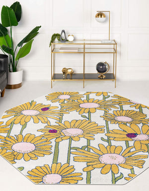White 7' x 7' Bloom Octagon Area Rug 100% Polypropylene With Cotton Backing Easy Clean Colorful Blooming Flower Floral Carpet for Living Dining Room Office Dorms for Sale at Rug Engine