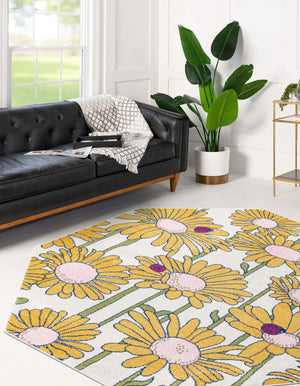 White 7' x 7' Bloom Octagon Area Rug 100% Polypropylene With Cotton Backing Easy Clean Colorful Blooming Flower Floral Carpet for Living Dining Room Office Dorms for Sale at Rug Engine