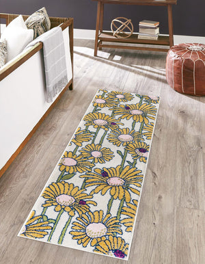 White 2' x 6' Bloom Runner Area Rug 100% Polypropylene With Cotton Backing Easy Clean Colorful Blooming Flower Floral Carpet for Living Dining Room Office Dorms for Sale at Rug Engine