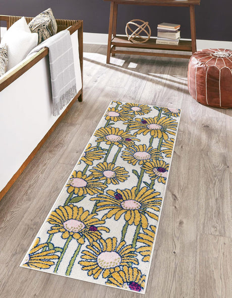 White 2' x 6' Bloom Runner Area Rug 100% Polypropylene With Cotton Backing Easy Clean Colorful Blooming Flower Floral Carpet for Living Dining Room Office Dorms for Sale at Rug Engine