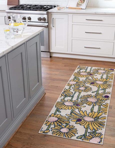 White 2' x 6' Bloom Runner Area Rug 100% Polypropylene With Cotton Backing Easy Clean Colorful Blooming Flower Floral Carpet for Living Dining Room Office Dorms for Sale at Rug Engine