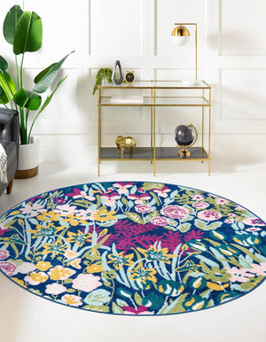 Multicolor 7' x 7' Bloom Round Area Rug 100% Polypropylene With Cotton Backing Easy Clean Colorful Blooming Flower Floral Carpet for Living Dining Room Office Dorms for Sale at Rug Engine