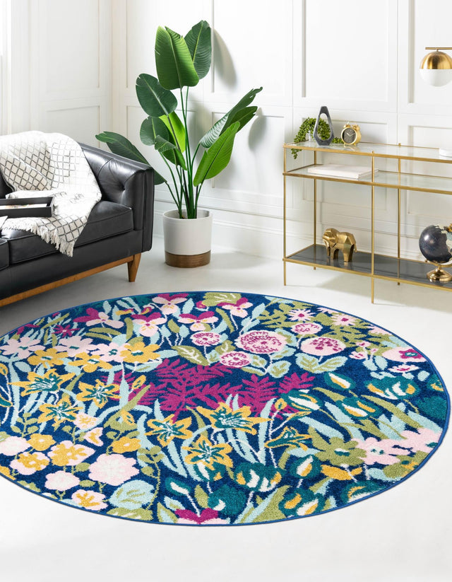 Multicolor 7' 10 x 7' 10 Bloom Round Area Rug 100% Polypropylene With Cotton Backing Easy Clean Colorful Blooming Flower Floral Carpet for Living Dining Room Office Dorms for Sale at Rug Engine
