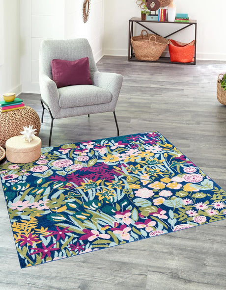 Multicolor 10' x 10' Bloom Square Area Rug 100% Polypropylene With Cotton Backing Easy Clean Colorful Blooming Flower Floral Carpet for Living Dining Room Office Dorms for Sale at Rug Engine
