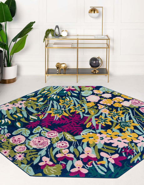 Multicolor 7' 1 x 7' 1 Bloom Octagon Area Rug 100% Polypropylene With Cotton Backing Easy Clean Colorful Blooming Flower Floral Carpet for Living Dining Room Office Dorms for Sale at Rug Engine