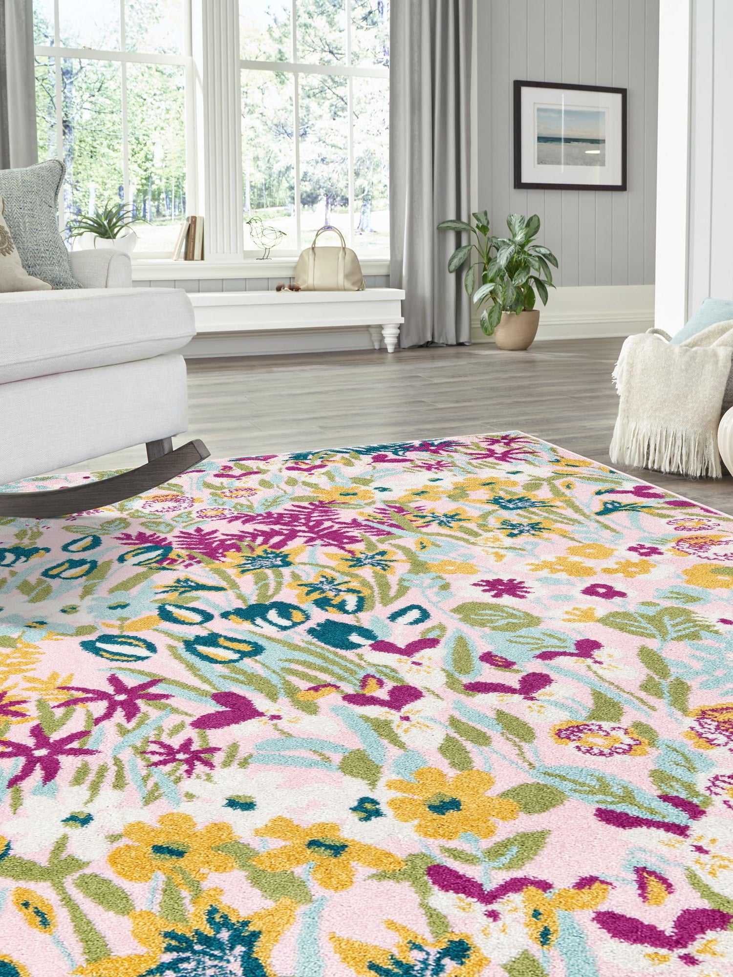 Pink 5' 3 x 8' Bloom Rectangle Area Rug 100% Polypropylene With Cotton Backing Easy Clean Colorful Blooming Flower Floral Carpet for Living Dining Room Office Dorms for Sale at Rug Engine