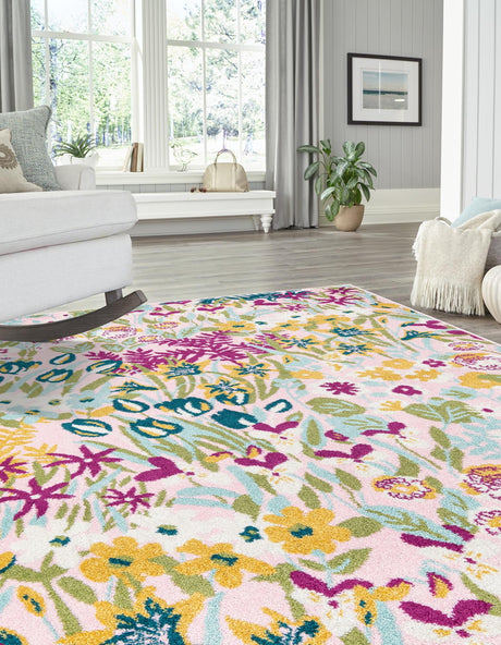 Pink 5' 3 x 8' Bloom Rectangle Area Rug 100% Polypropylene With Cotton Backing Easy Clean Colorful Blooming Flower Floral Carpet for Living Dining Room Office Dorms for Sale at Rug Engine