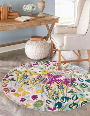 Pink 7' 10 x 7' 10 Bloom Round Area Rug 100% Polypropylene With Cotton Backing Easy Clean Colorful Blooming Flower Floral Carpet for Living Dining Room Office Dorms for Sale at Rug Engine