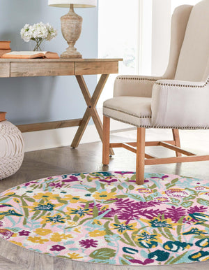 Pink 5' 3 x 5' 3 Bloom Round Area Rug 100% Polypropylene With Cotton Backing Easy Clean Colorful Blooming Flower Floral Carpet for Living Dining Room Office Dorms for Sale at Rug Engine