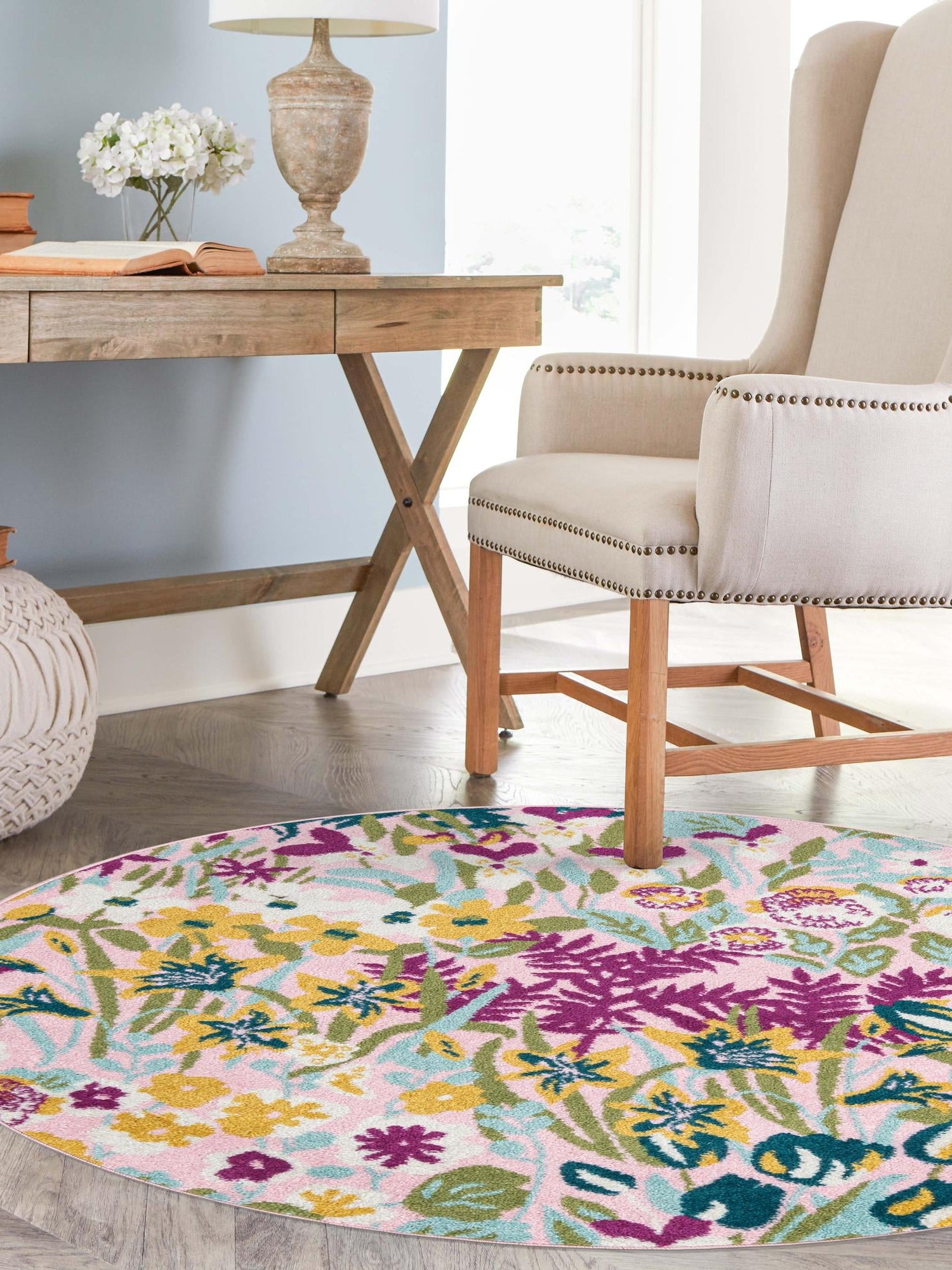 Pink 6' 1 x 6' 1 Bloom Round Area Rug 100% Polypropylene With Cotton Backing Easy Clean Colorful Blooming Flower Floral Carpet for Living Dining Room Office Dorms for Sale at Rug Engine