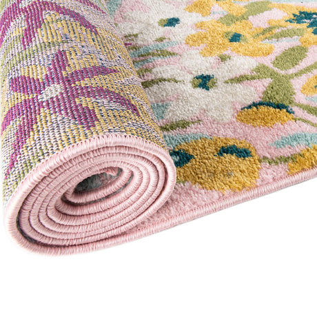 Pink 7' 10 x 7' 10 Bloom Round Area Rug 100% Polypropylene With Cotton Backing Easy Clean Colorful Blooming Flower Floral Carpet for Living Dining Room Office Dorms for Sale at Rug Engine