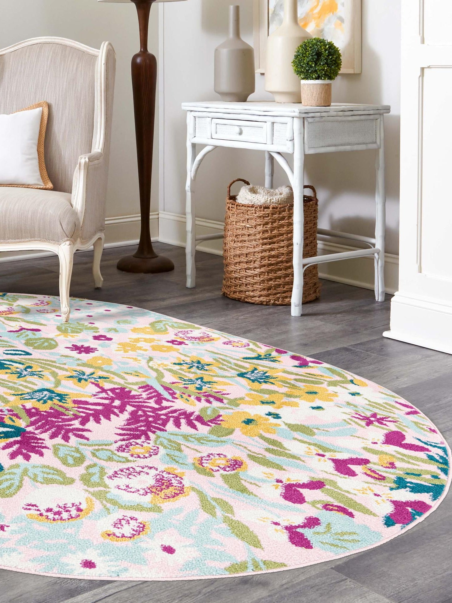 Pink 7' 10 x 10' Bloom Oval Area Rug 100% Polypropylene With Cotton Backing Easy Clean Colorful Blooming Flower Floral Carpet for Living Dining Room Office Dorms for Sale at Rug Engine